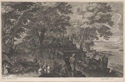 Vissers bij een Eiland Watermolen door Aegidius Sadeler II after Pieter Stevens