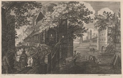 Gondels op een rivier bij een paleis door Aegidius Sadeler II after Pieter Stevens