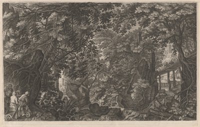 Jagers in een bos bij een houten brug door Aegidius Sadeler II after Pieter Stevens
