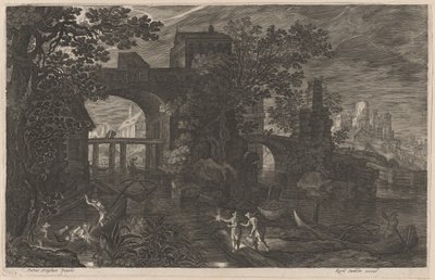 Nachtvissen bij versterkte bruggen door Aegidius Sadeler II after Pieter Stevens