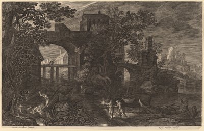 Nachtelijk landschap met rivier vissers buiten de stadsmuren door Aegidius Sadeler II after Pieter Stevens