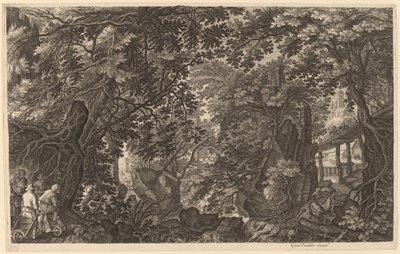 Rivierlandschap met een Eendenjager door Aegidius Sadeler II after Pieter Stevens