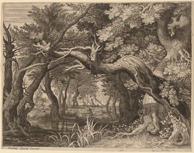 Hertenjacht bij een vijver door Aegidius Sadeler II after Roelandt Savery