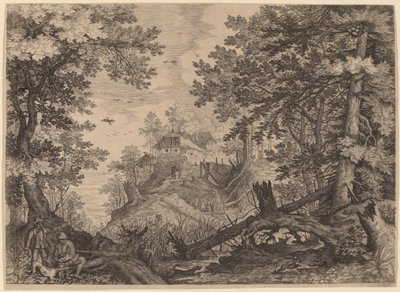 Boslandschap met twee jagers en een hond links door Aegidius Sadeler II after Roelandt Savery