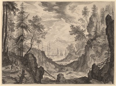 Boslandschap met een Waterval door Aegidius Sadeler II after Roelandt Savery