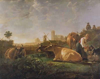 Een verre blik op Dordrecht met slapende herder en vijf koeien (