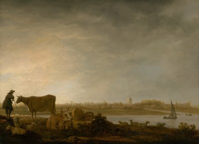 Een Uitzicht op Vianen met een Herder en Vee bij een Rivier door Aelbert Cuyp