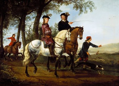 Landschap met jagers die op jacht gaan, vroege jaren 1650 door Aelbert Cuyp