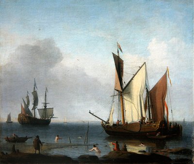Een marineschilderij: Nederlandse schepen voor anker bij een strand door Aernout Smit