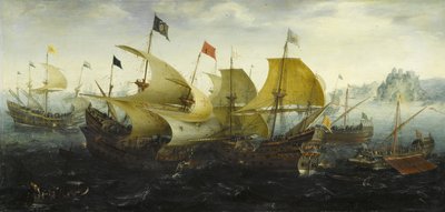 Slag bij Cadiz Nederlandse en Engelse schepen vallen de Spaanse Armada aan, 1608 door Aert Anthonisz