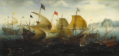 De Slag bij Cádiz (Nederlandse en Engelse schepen vallen de Spaanse Armada aan) door Aert Anthonisz