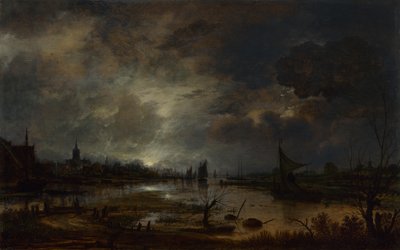Een Rivier bij een Stad, bij Maanlicht door Aert van der Neer