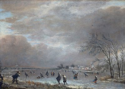 Winterlandschap met Schaatsers op een Bevroren Rivier door Aert van der Neer