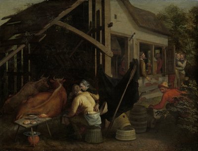 Stellen die Liefde bedrijven in een Herberg op het Platteland door Aert Pietersz. (attributed to)