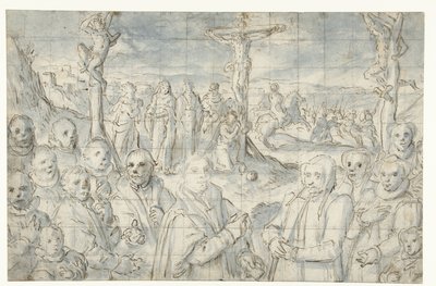 Kruisiging met een stichter en zijn familie door Aert Pietersz.