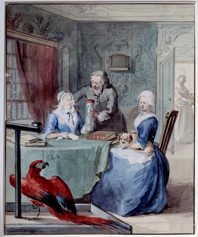 Een natuuronderzoeker toont twee vrouwen een pot met een slang, op de voorgrond een papegaai door Aert Schouman