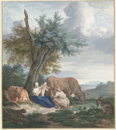 Boerin en boer met kind in een landschap met vee door Aert Schouman