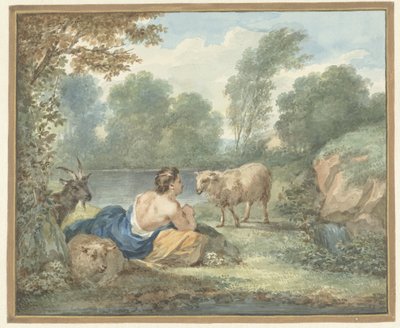 Herderin met schapen in een landschap met een meertje door Aert Schouman