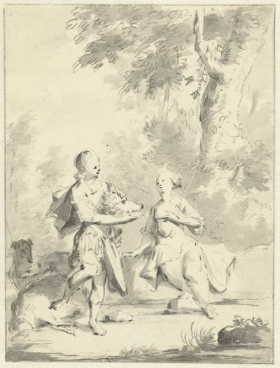 Meleager geeft Atalante de kop van het Calydonische everzwijn door Aert Schouman