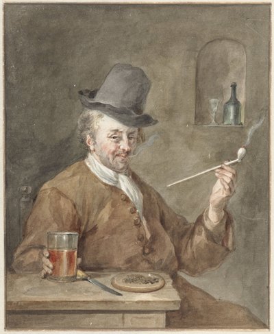 Pijprokende man aan een tafel met een bord, een mes en een glas door Aert Schouman