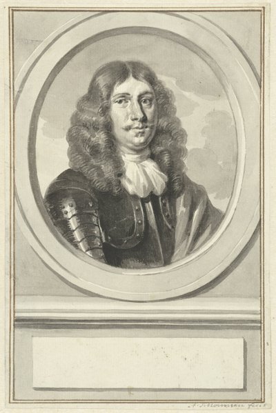 Portret van Cornelis Evertsen in wapenrusting, in ovaal, naar rechts door Aert Schouman