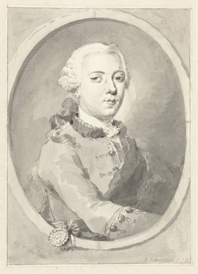 Portret van Willem V, Prins van Oranje-Nassau, naar rechts, in ovaal door Aert Schouman
