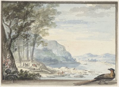 Rivierlandschap met op de voorgrond een hoen door Aert Schouman