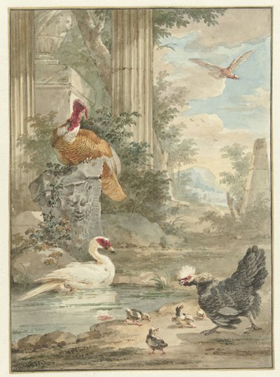 Kalkoen en andere vogels bij klassieke ruïnes in een park door Aert Schouman
