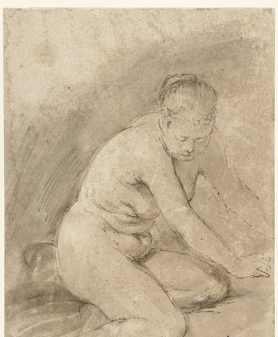 Knielende vrouwelijke naakt met uitgestrekte armen door Aert de Gelder (attributed to)