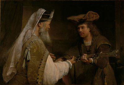 Ahimelech geeft het zwaard van Goliath aan David door Aert de Gelder