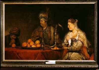 Haman en Ahasveros op het feest van Esther door Aernt de Gelder