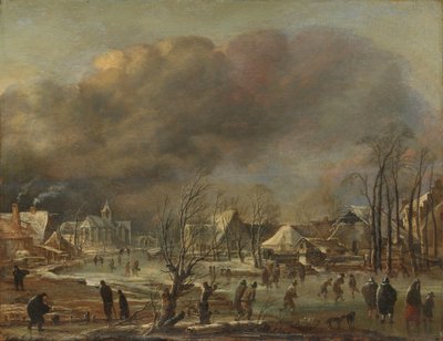 Winterlandschap met kerk en boerderijen door Aert van der Neer (manner of)