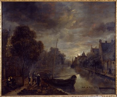 Een Kanaal in een Nederlandse Stad bij Maanlicht door Aert van der Neer
