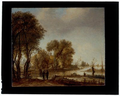 Een rivierlandschap met mannen in gesprek op een pad door Aert van der Neer