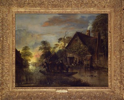 Een rivierlandschap met boeren die een stier overzetten, boeren bij een huisje verderop door Aert van der Neer