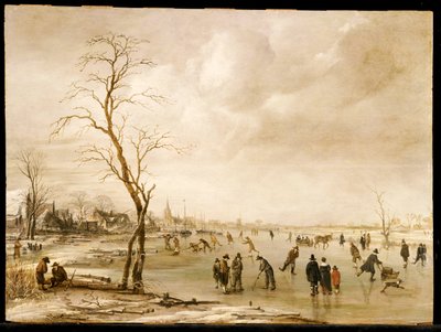 Een winterlandschap met stadsbewoners die schaatsen en kolf spelen op een bevroren rivier, een stad op de achtergrond door Aert van der Neer