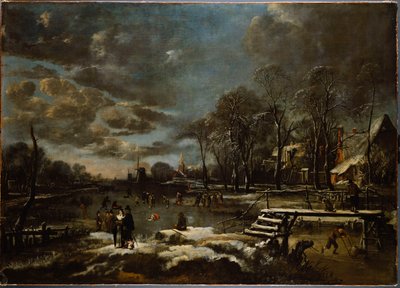 Een winterrivierlandschap met figuren die golf spelen en schaatsen door Aert van der Neer