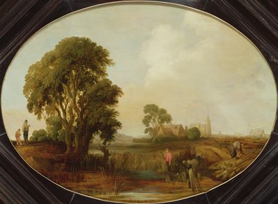Een landschap met rietsnijders door Aert van der Neer