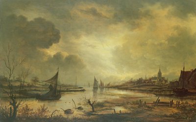 Nederlandse stad aan een rivier bij maanlicht door Aert van der Neer