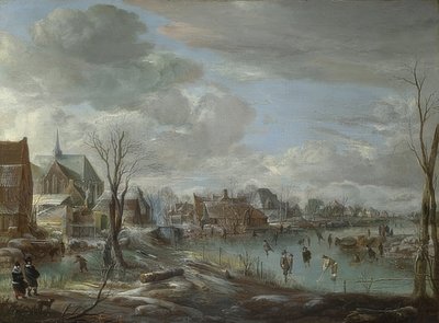 Een bevroren rivier nabij een stad met golfers en schaatsers. Rond 1648 door Aert van der Neer