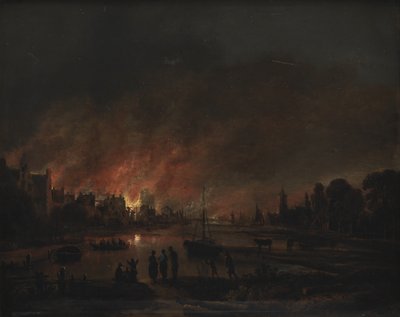 Brand in een dorp bij nacht door Aert van der Neer