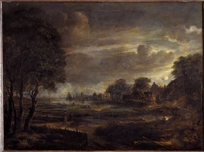 Landschap bij maanlicht door Aert van der Neer
