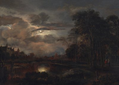 Landschap bij maanlicht met brug door Aert van der Neer