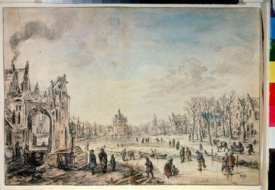 Winterlandschap met schaatsers door Aert van der Neer