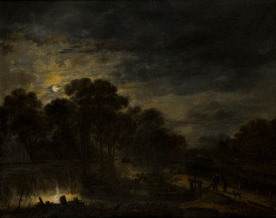 Rivierlandschap bij maanlicht door Aert van der Neer
