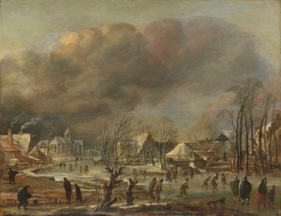 Sneeuwval op een dorp naast een bevroren kanaal door Aert van der Neer