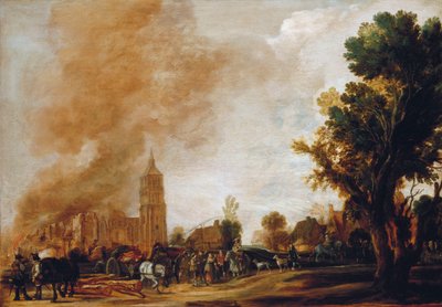 Soldaten verlaten een brandend dorp, 1637 door Aert van der Neer
