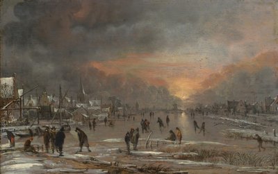 Sporten op een Bevroren Rivier door Aert van der Neer