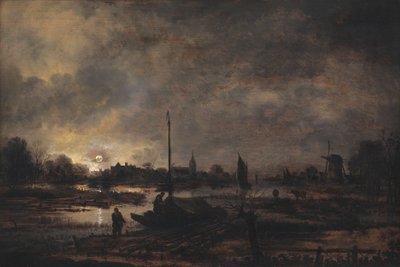 De maan die opkomt boven een dorp door Aert van der Neer