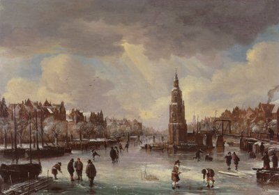 Stad aan een bevroren rivier door Aert van der Neer